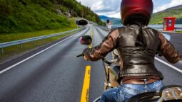 Biker girl First-person view, mountain serpentine.