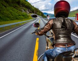 Biker girl First-person view, mountain serpentine.