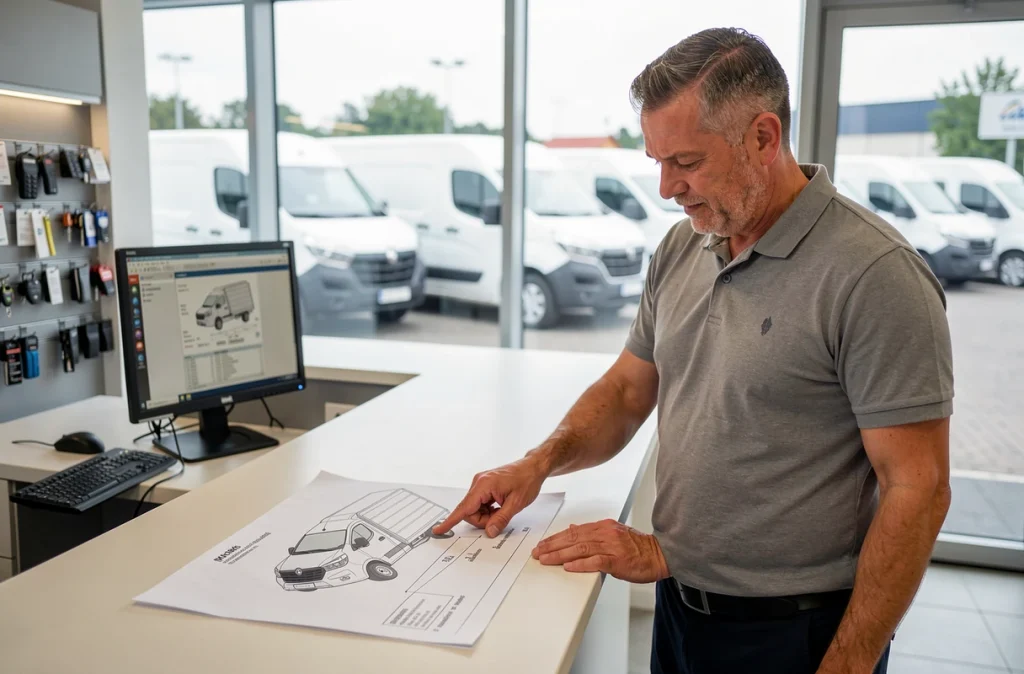 Client et agent en agence de location consultant les dimensions d'un Renault Master avant réservation