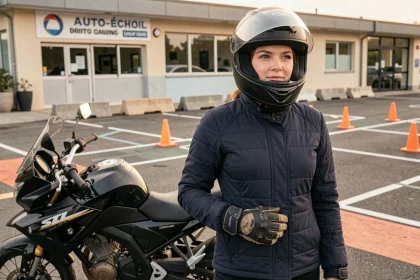 Jeune femme en tenue de motarde devant une moto d'entraînement dans la cour d'une auto-école spécialisée