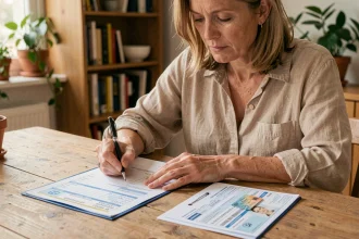 Femme remplissant un formulaire de changement de nom sur une carte grise à la maison avec les documents nécessaires