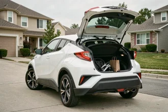 Coffre Toyota C-HR ouvert avec une poussette pliée à l'intérieur, vue arrière en trois quarts