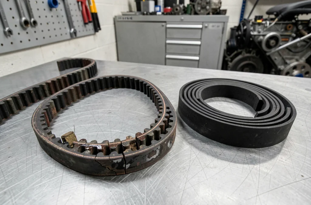 Comparaison entre une ancienne courroie de distribution usée et une neuve sur un établi de garage