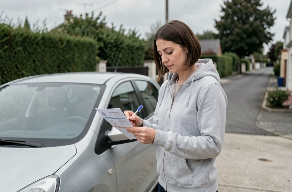 Une femme complétant la carte grise d'un véhicule d'occasion dans une allée résidentielle avant une vente de voiture