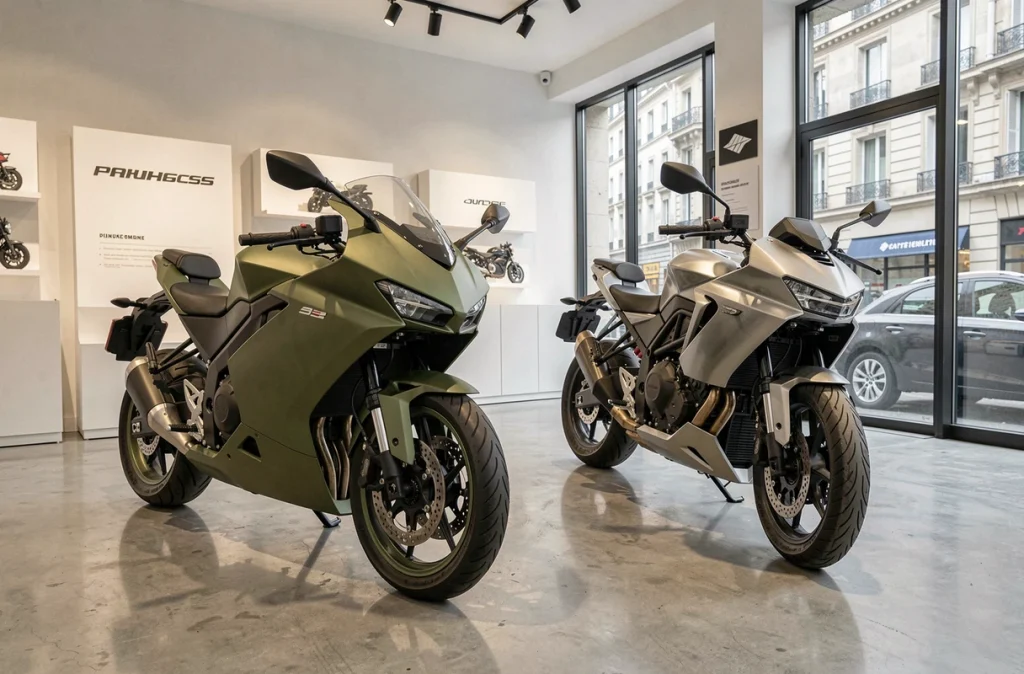 Deux motos électriques 2024 exposées dans une concession moto moderne en France
