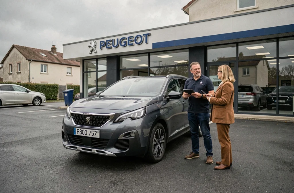 Conseiller Peugeot discutant avec une cliente devant un 3008 dans un centre de service lors d'une campagne de rappel officielle