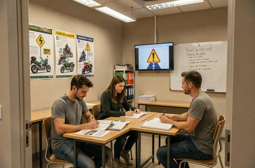 Élèves en auto-école étudiant le code de la route moto dans une salle de cours spécialisée