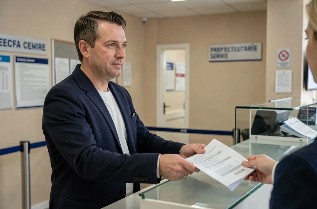 Homme déposant un dossier de changement de nom pour carte grise au guichet d'une préfecture française