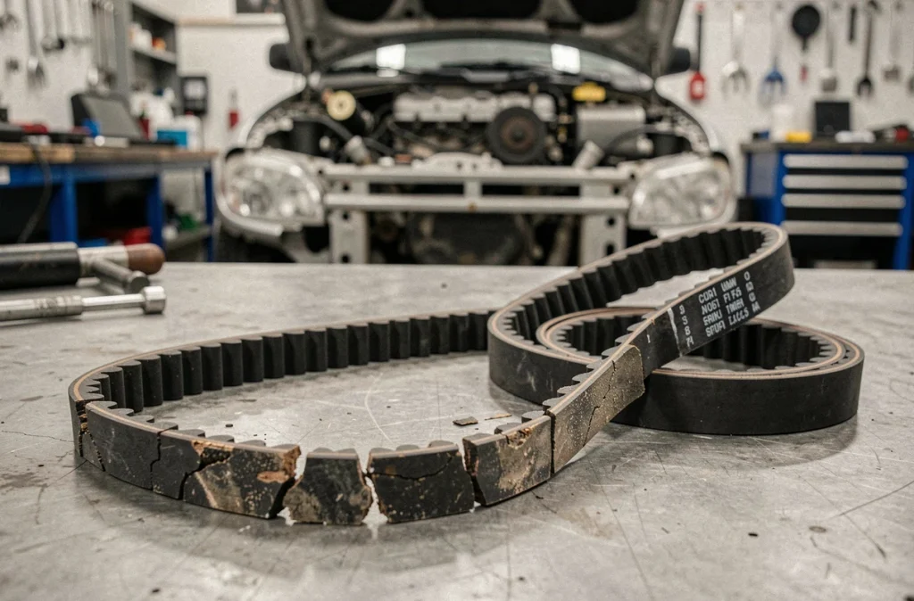 Comparaison d'une courroie de distribution usée et craquelée d'un 1.6 HDi à côté d'une neuve sur un établi de garage