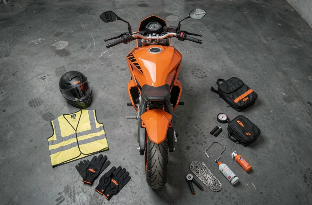 Vue en plongée d'un équipement complet pour rouler toute l'année sur KTM Duke 125 2026 disposé sur le sol d'un garage