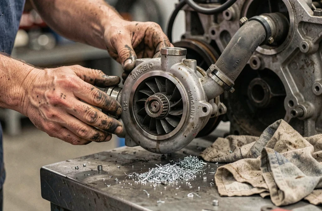 Mécanicien retirant un turbocompresseur encrassé d'un moteur 1.6 HDi, montrant les dépôts de carbone liés à un mauvais entretien
