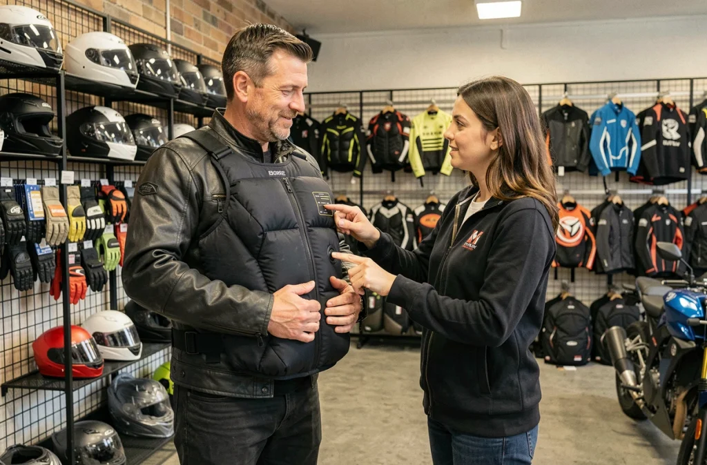 Client en magasin de moto essayant un gilet airbag gonflé avec l'aide d'une vendeuse spécialisée
