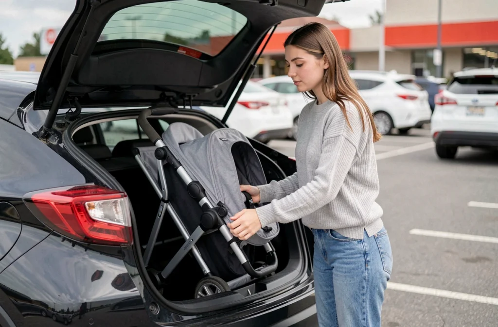 Jeune femme chargeant une poussette dans le coffre d'un Toyota C-HR noir dans un parking