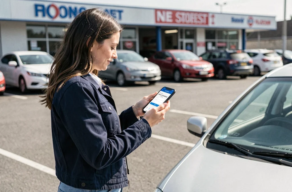 Femme utilisant un code promo CarVertical sur smartphone devant une voiture d'occasion dans un parking de concessionnaire