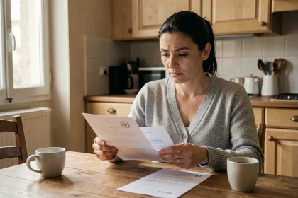 Femme lisant un courrier officiel de l'administration espagnole DGT concernant une amende, assise dans une cuisine française