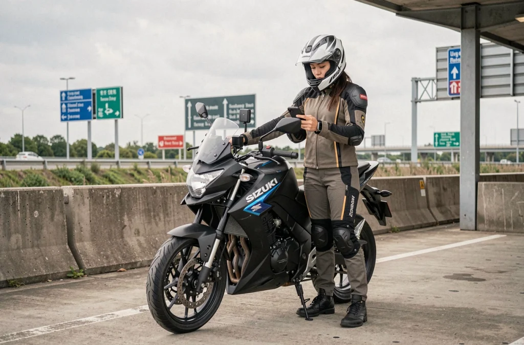 Femme motarde en équipement de sécurité complet à côté d'une Suzuki GSX-S 125 garée sur une aire de repos d'autoroute