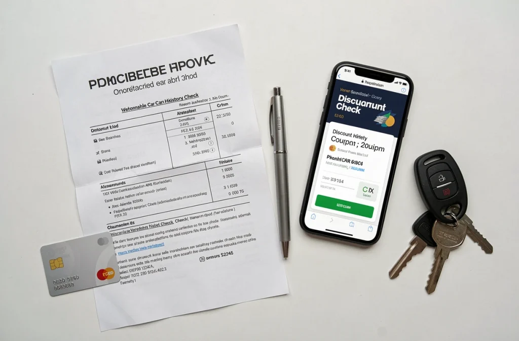 Vue de dessus d'un bureau avec rapport CarVertical imprimé, carte bancaire, clés de voiture et coupon de réduction sur smartphone