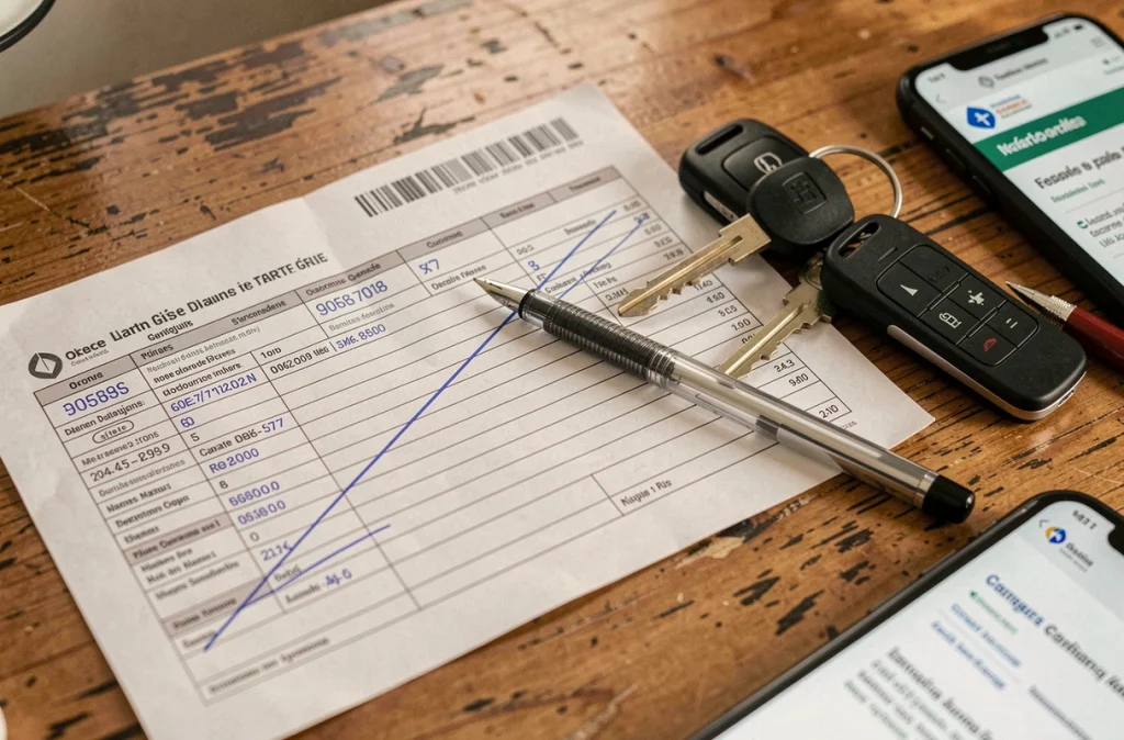 Gros plan d'une carte grise rayée avec un stylo bille posé dessus et des clés de voiture sur un bureau en bois, pour illustrer la procédure de vente d'occasion