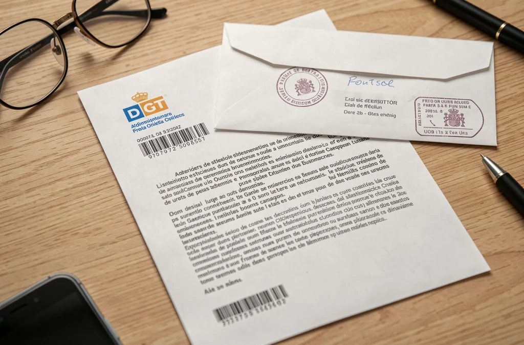 Gros plan d'un courrier officiel avec logo DGT espagnol et texte en français posé sur un bureau, détails d'authenticité visibles