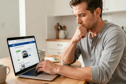 Homme consultant un rapport historique de véhicule CarVertical sur son ordinateur portable dans une cuisine moderne