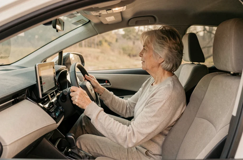 Intérieur de la Toyota Corolla avec conductrice au volant regardant l'écran tactile