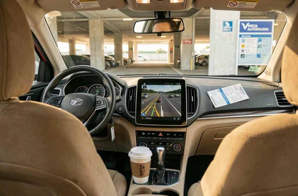 Intérieur de voiture stationnée dans un parking de covoiturage avec GPS affichant un itinéraire autoroutier près d'Orléans