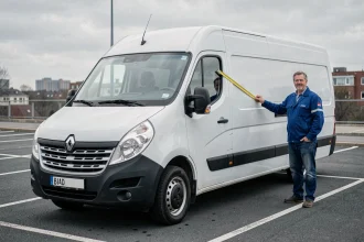 Homme mesurant la longueur d'un Renault Master utilitaire blanc dans un parking urbain