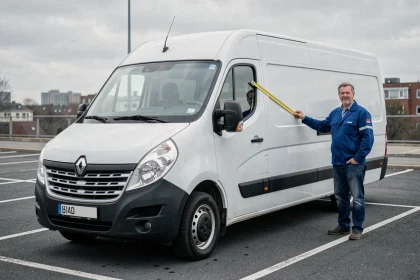 Homme mesurant la longueur d'un Renault Master utilitaire blanc dans un parking urbain