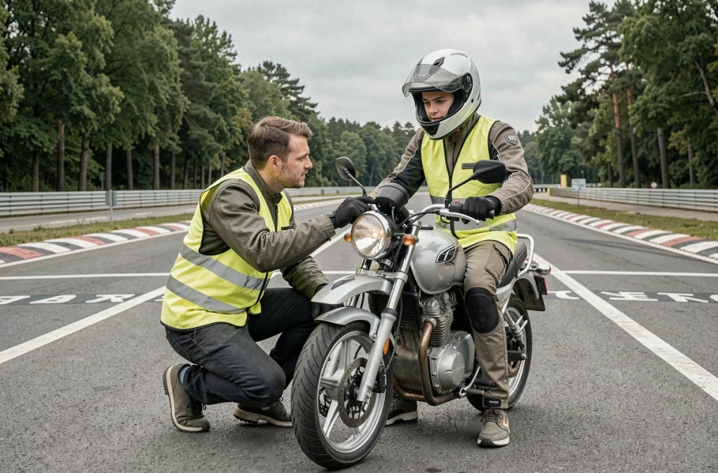Moniteur de moto expliquant les commandes à un élève en formation pratique sur circuit d'auto-école