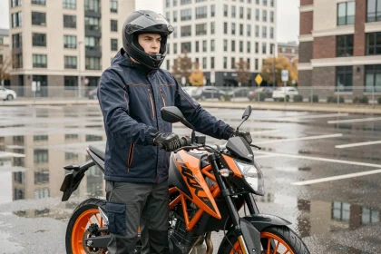 Jeune motard équipé d'une veste imperméable et d'un casque intégral debout à côté d'une KTM Duke 125 2026 dans un parking urbain mouillé