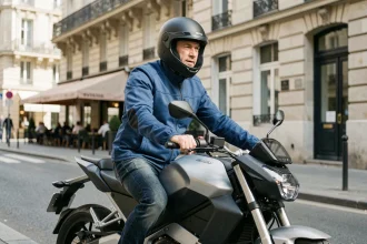 Motard sur une moto électrique moderne garée sur un boulevard parisien en 2024