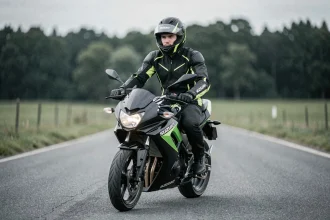 Jeune motard en équipement complet sur une Suzuki GSX-S 125 sur route rurale, vue 3/4 avant au ras du sol