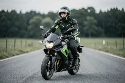 Jeune motard en équipement complet sur une Suzuki GSX-S 125 sur route rurale, vue 3/4 avant au ras du sol