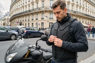 Motard urbain portant un gilet airbag moderne dans une rue parisienne à côté de sa moto noire