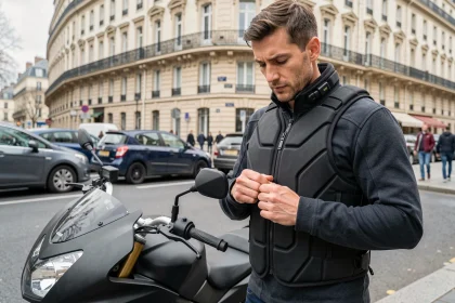 Motard urbain portant un gilet airbag moderne dans une rue parisienne à côté de sa moto noire