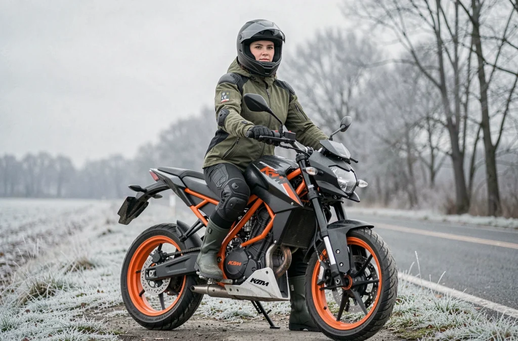 Motarde assise sur une KTM Duke 125 2026 au bord d'une route rurale hivernale avec équipement toutes saisons