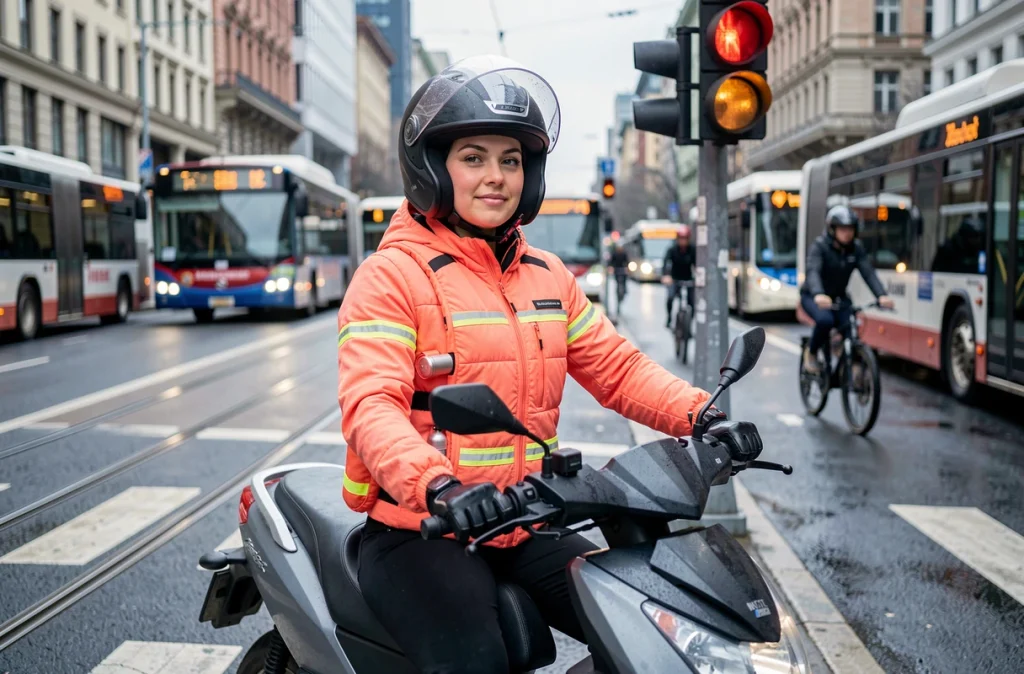 Motarde assise sur un scooter à un feu rouge portant une veste airbag avec cartouche CO2 visible