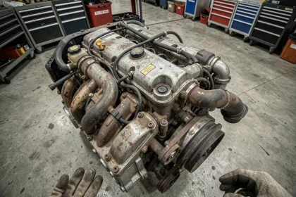 Vue d'ensemble d'un moteur 1.6 HDi diesels usé dans un atelier mécanique, illustrant les erreurs d'entretien courantes