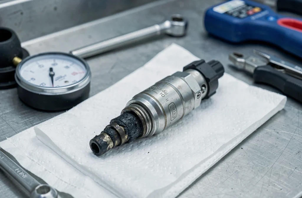 Injecteur diesel d'un moteur 1.6 HDi encrassé posé sur un établi, illustrant la négligence du circuit d'injection