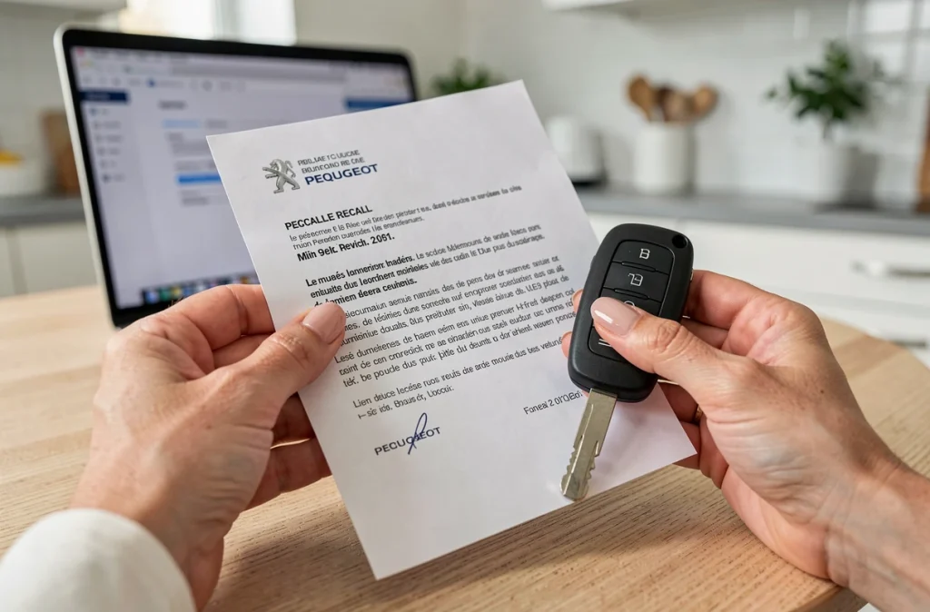 Propriétaire de Peugeot 3008 tenant un courrier officiel de rappel constructeur et une clé de voiture pour vérification