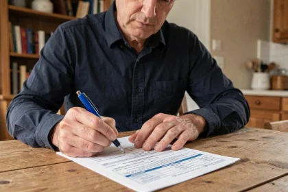 Un homme rayant la carte grise d'un véhicule d'occasion à la main avec un stylo bille, assis à une table en bois dans une cuisine française