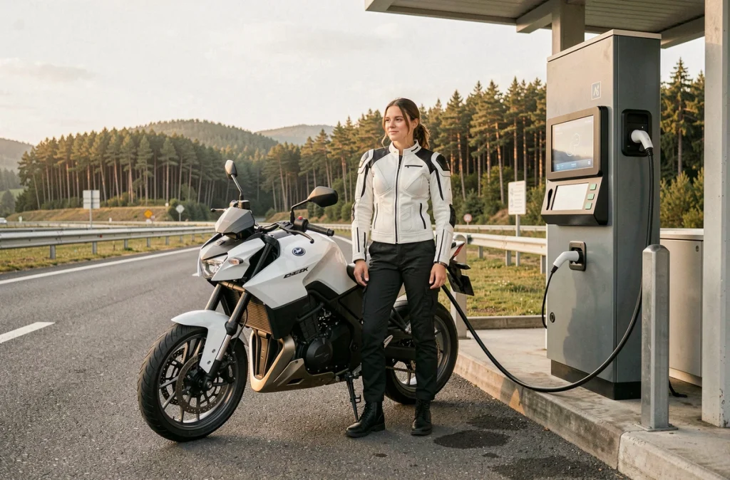 Femme rechargeant sa moto électrique dans une station de recharge sur une autoroute française