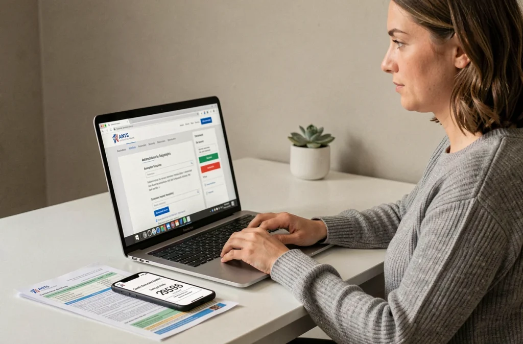 Femme consultant l'avancement de son dossier de changement de nom sur carte grise en ligne depuis son bureau à domicile