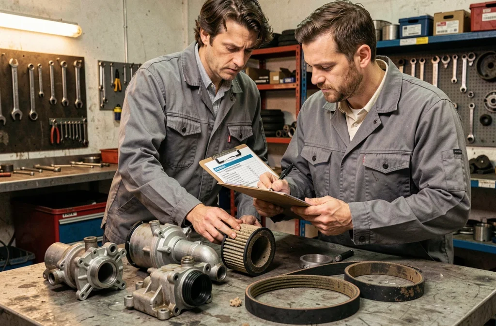 Mécanicien examinant les périphériques moteur d'un 1.6 HDi comprenant vanne EGR, filtre à air et courroie accessoires