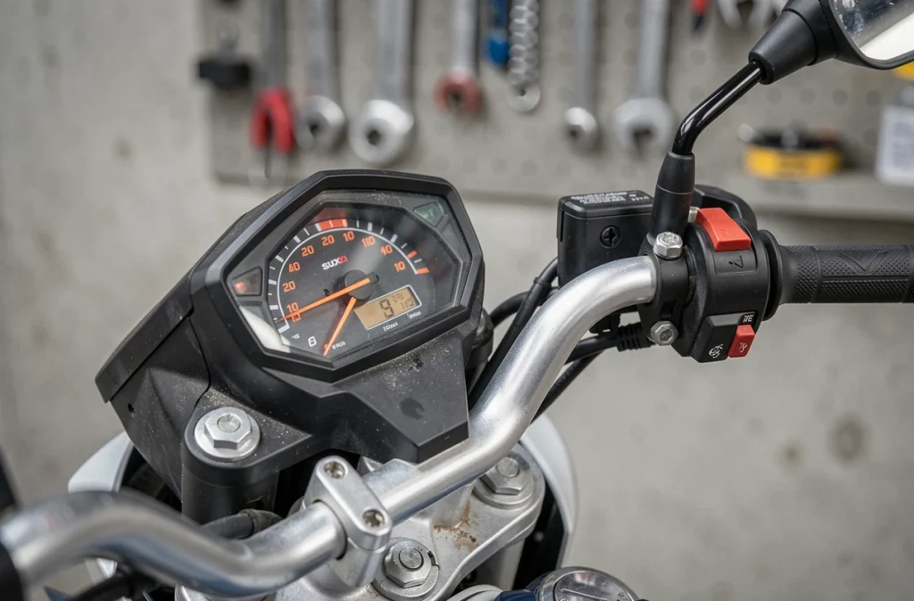 Gros plan sur le tableau de bord digital et le guidon de la Suzuki GSX-S 125 avec compteur de vitesse visible