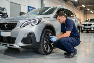 Technicien automobile inspectant un Peugeot 3008 silver dans un atelier de service agréé lors d'une campagne de rappel constructeur