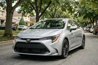 Toyota Corolla berline grise garée dans une rue résidentielle vue de trois quarts avant