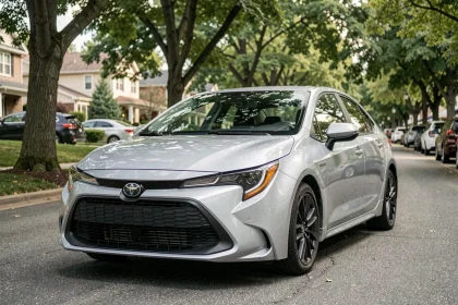 Toyota Corolla berline grise garée dans une rue résidentielle vue de trois quarts avant