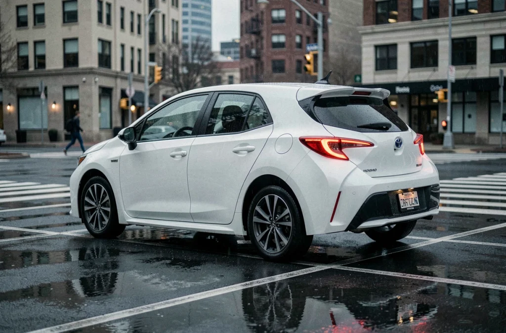 Toyota Corolla break hayon blanc sur parking urbain mouillé vu de trois quarts arrière