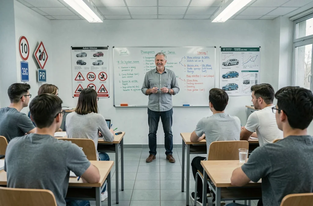 Un moniteur de l'Auto-Ecole Chazot donnant un cours de code de la route à des élèves dans une salle de classe